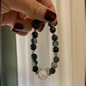 Black and Blue Beaded Bracelet with kitty charm